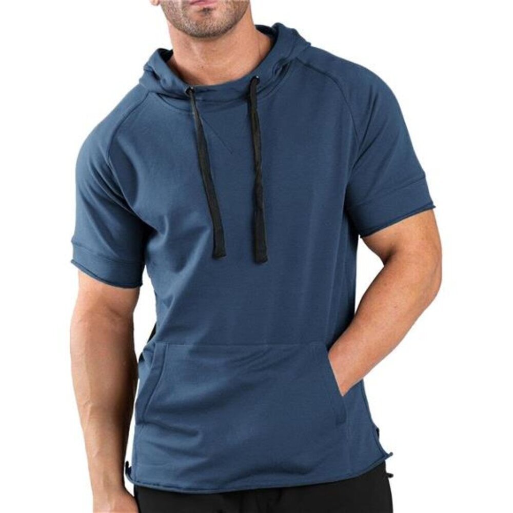 Stylish Men's Gym Hoodie Short Sleeve Muscle Fit Athletic Wear